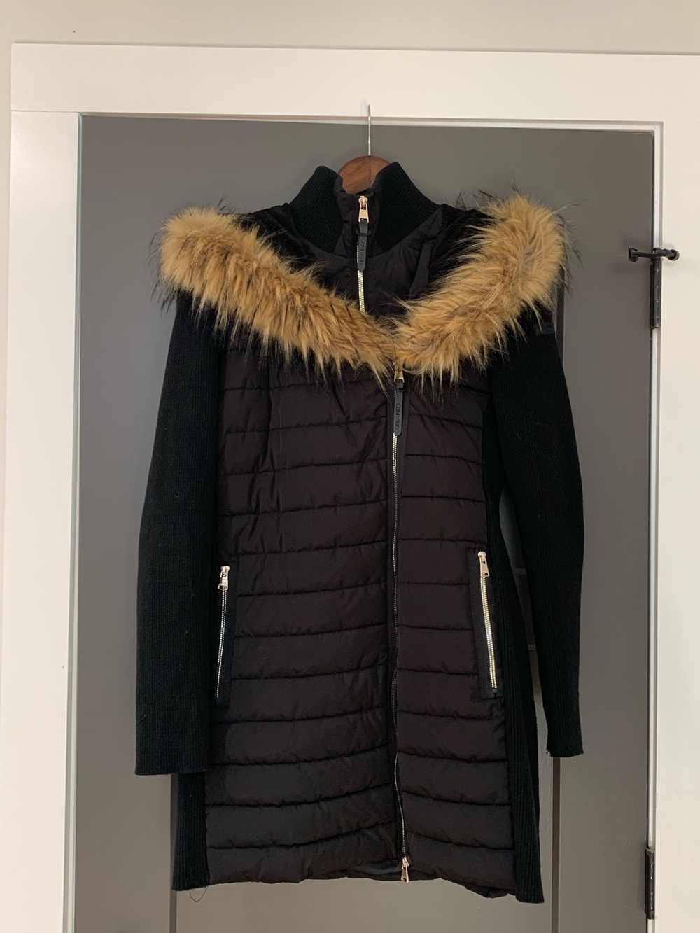 Calvin Klein Black Quilted Puffer Coat with Faux Fur Trim